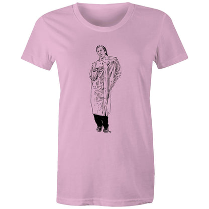 A crew neck t-shirt with a graphic print of a character from the movie 'American Psycho'.