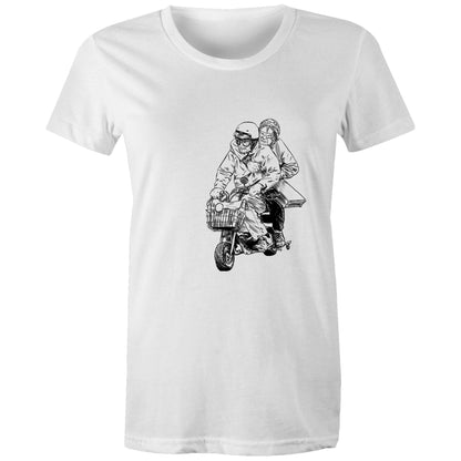 A white crew neck t-shirt with a graphic print of two characters riding a motorbike on the front.