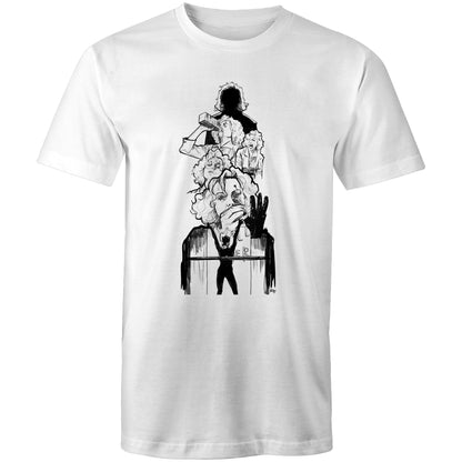 A white men's t-shirt with a black printed graphic design featuring the Iconic Catwoman transformation from Batman Returns 