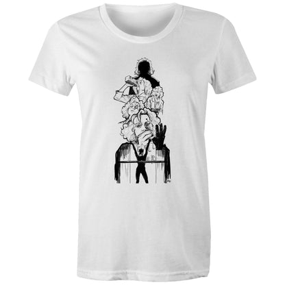 A female white crew neck t-shirt with a illustration of Selina Kyles transformation into Catwoman in Batman Returns
